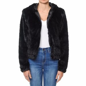 HOODED FAUX FUR FITTED BOMBER JACKET